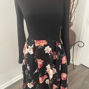 NWT Oxiuli Fashions Floral Knee Length Black Polyester Blend A-Line Dress Size S